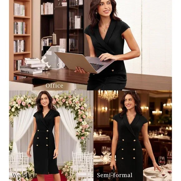Women Bodycon Dress Business Casual Cap Sleeve Pockets V-Neck Knee-Length